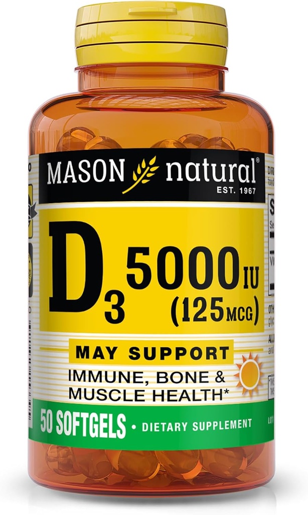 MASON NATURAL Vitamin D3 125 mcg (5000 IU) Desteği Bone, Muscle & Immune Health, Fish Liver Oil, 50 Softgels, 3 Paket