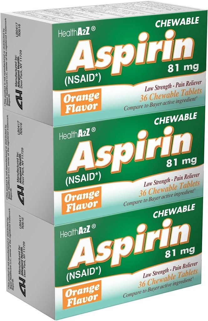 HealthA2Z® aspirin 81 mg | Low Strength Chewable Tabletler | Ağrı Yardım ve Ateş Tanımları | Orange Flavor | Az Aches, Headache & Muscle Pain | 36 Kont (Pazarlama)
