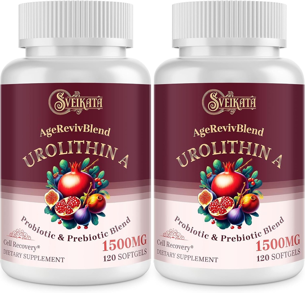 Urolithin A Supplement 1500mg – Προηγμένη Φόρμουλα Ουρολιθίνης με Προβιοτικό & Προβιοτικό Σύμπλεγμα και 30% Εκχύλισμα Ρόδι – για Ενέργεια, Μιτοχονδριακά & Αντιοξειδωτικά – 120 Softgels (2 Μπουκάλια)