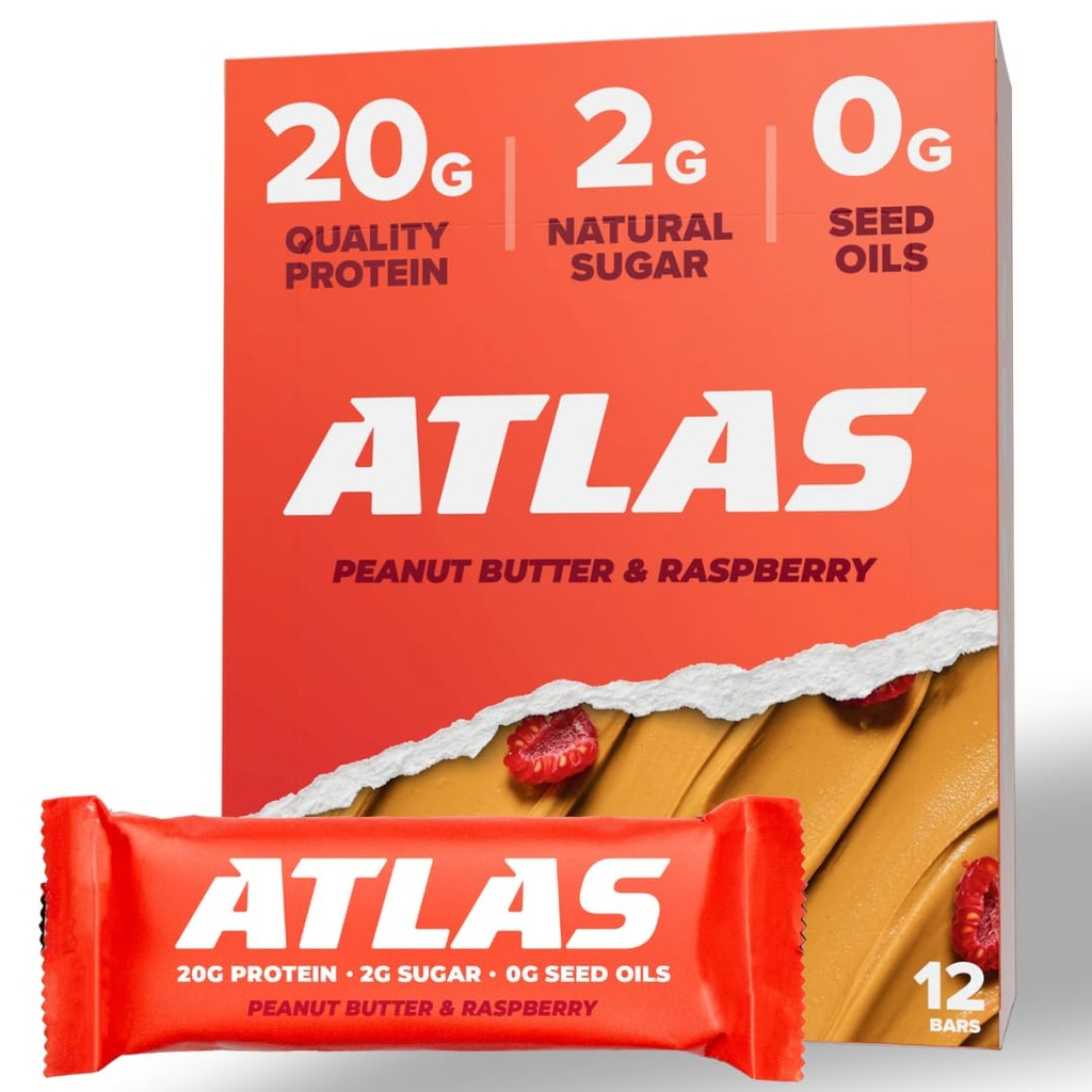 Atlas Protein Bar, 20g Protein, 1g Sugar, Clean Malzemeler, Gluten Free (Peanut Butter Raspberry, 12 Kont ( 1))