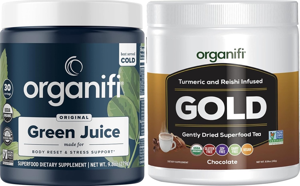 Organifi Green Juice Superfood Toz (30 Hizmet) ve Altın Çikolata (20 Hizmet) - Kilo Kontrol, Detox Cleanse, Restful Sleep, Stres Yardımı ve Immunity Support - Gluten Free, Vegan, Whole Food