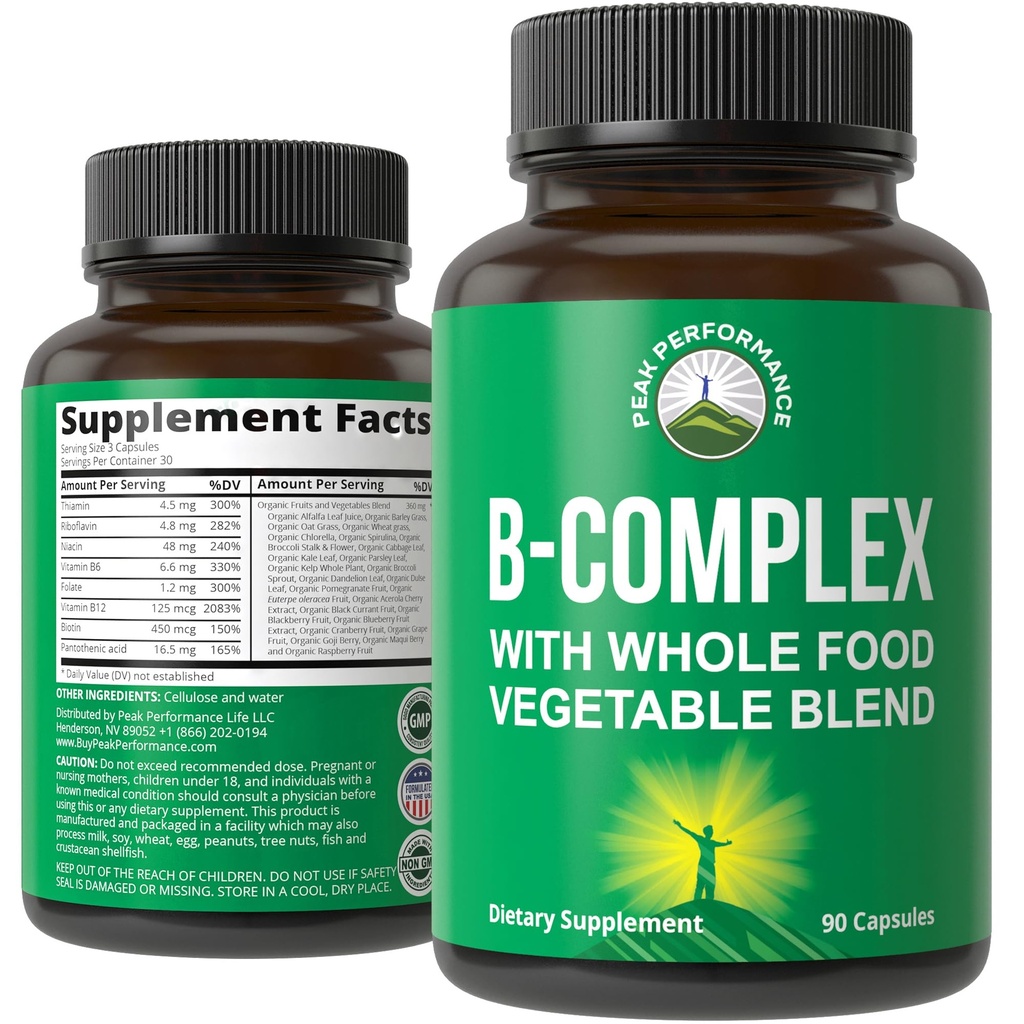 B Kompleks Vitamin Capsules + Tüm Gıda Max Aborpsiyon için 25 Sebze ve Meyveler. B1, B2, B3, B5, B6, B7, B9 ve B12. 90 Capsules ile en iyi Vegan B-Complex Supplement. Enerji Boost