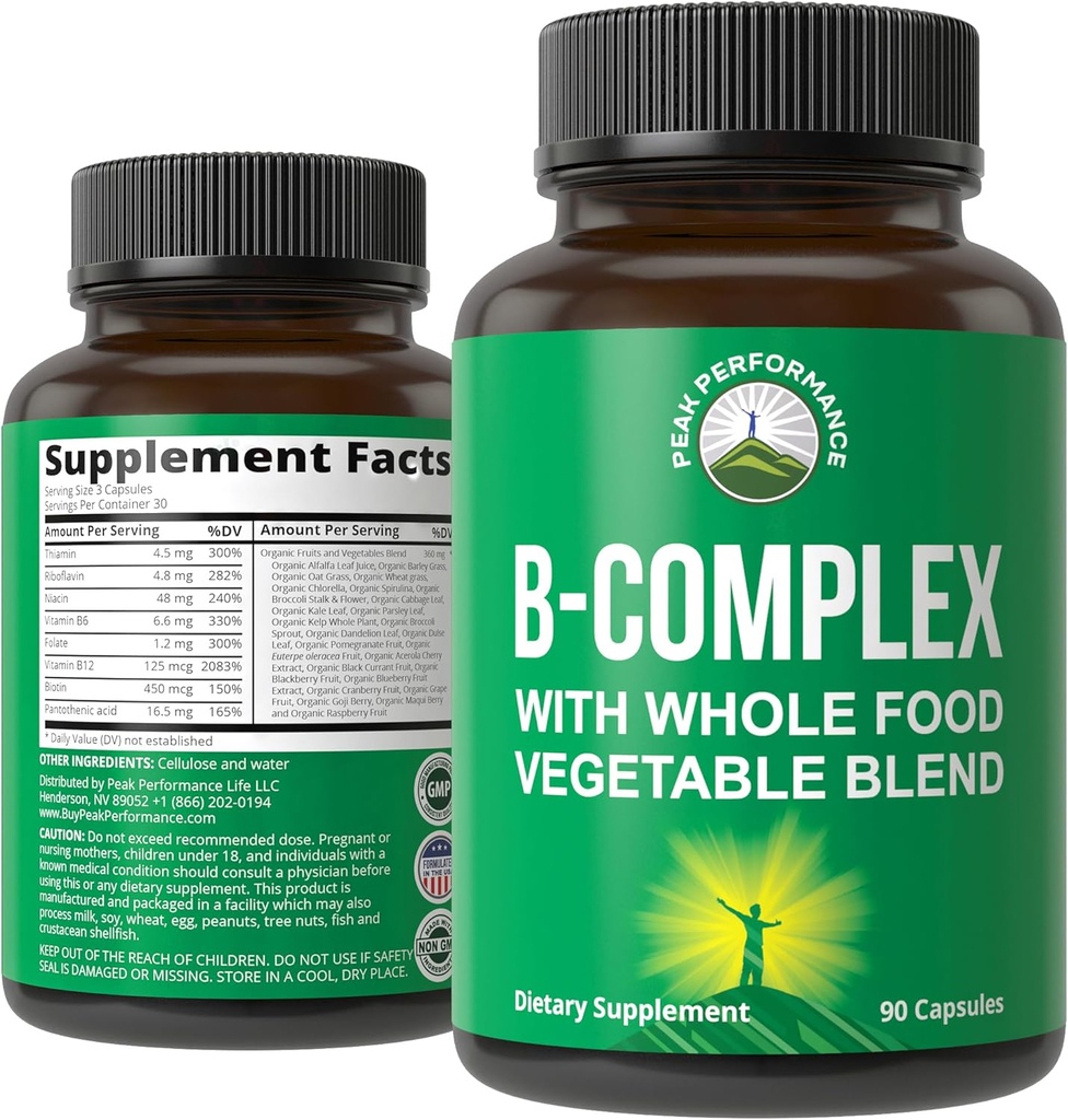 B Kompleks Vitamin Capsules + Tüm Gıda Max Aborpsiyon için 25 Sebze ve Meyveler. B1, B2, B3, B5, B6, B7, B9 ve B12. 90 Capsules ile en iyi Vegan B-Complex Supplement. Enerji Boost