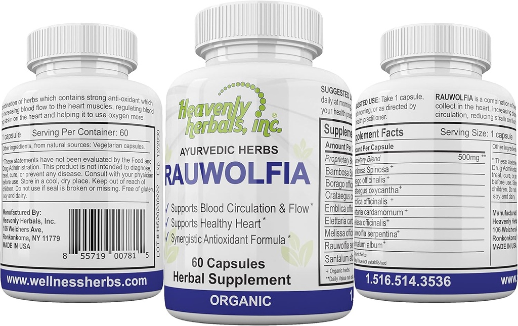 Rauwolfia Capsules, Organik Herbal Supplement – Rauwolfia Yılanina - Ayurvedic Herb & Natural Remedy – Blood Circulation Support & Flow – Natural Heart Health - 60 Ctt