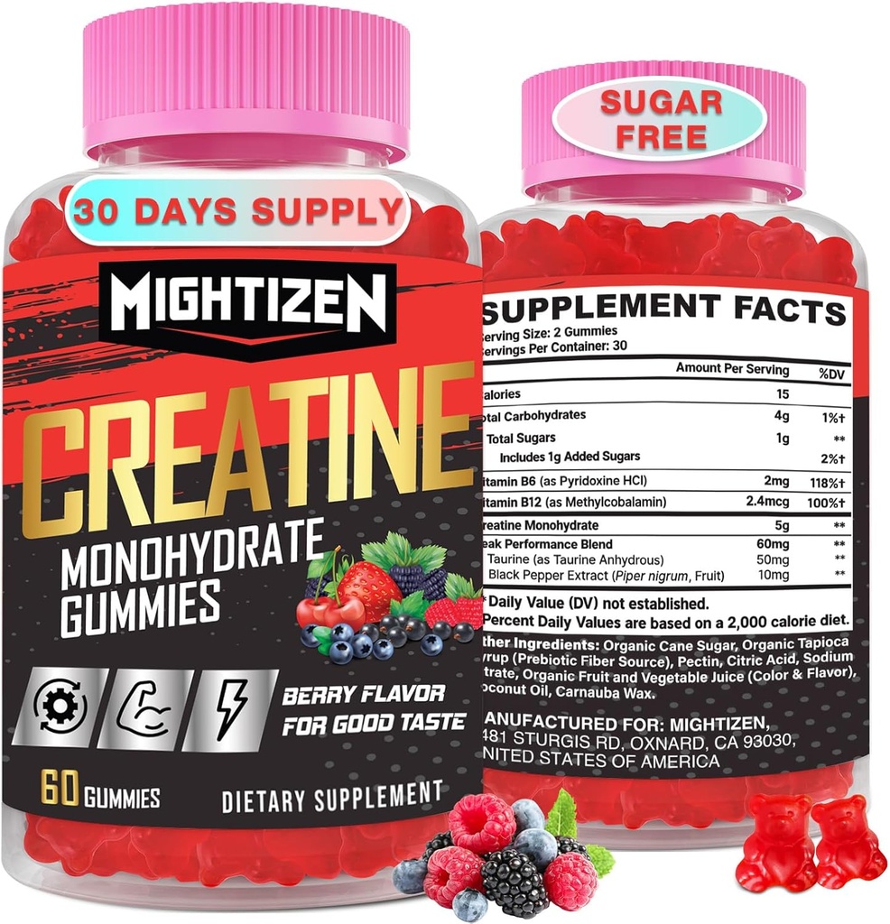 Erkekler ve Kadınlar için Kretan Monohidratlar, Kadınlar için Kreatin Monohidrat ve B12, Max Strength, Enerji & Endurance için Pre-Workout Gummies, 60 Counts