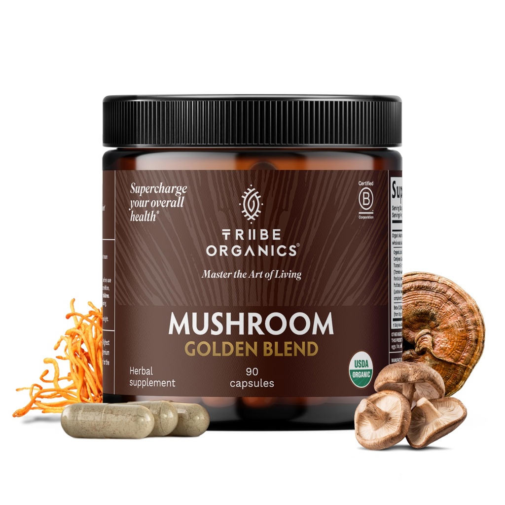 TRIBE ORGANICS Mushroom Golden Blend Vegan Capsules συμπλήρωμα - Προσαρμοσμένης σκόνης Μανιτάρια συμπλήρωμα υποστήριξης ανοσοποίησης - 10-σε-1 Μανιτάρια για την υποστήριξη της ασυλίας & την υγεία του εγκεφάλου - 90 κόμης 30 Υπηρεσίες