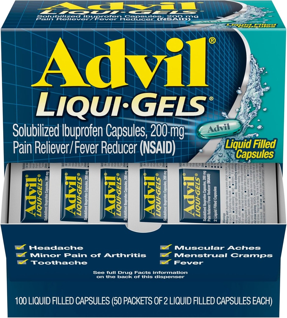 Advil Liqui-Gels Pain Reliever ve Ateşi, Ibuprofen 200 mg for Headache, Backache, Menstrual Pain and Common Pain Relief - 50x2 Sıvı Doldurulmuş Kapsüller