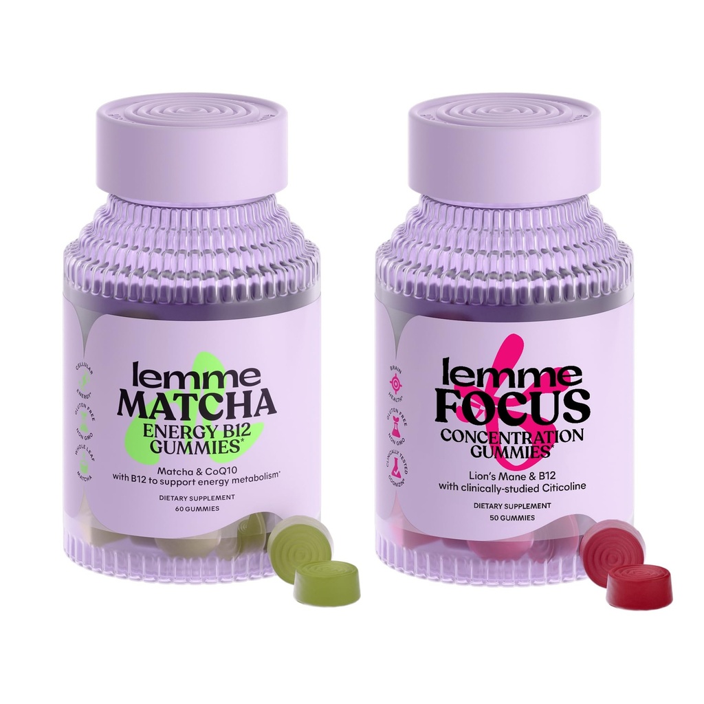 Lemme Matcha & Focus Sche | Superfood Energy Gummies | B12, Green Tea + CoQ10 | Cog ETF Citicoline | Focus & Brain Health | Gluten-Free | Diversity Pack of 2