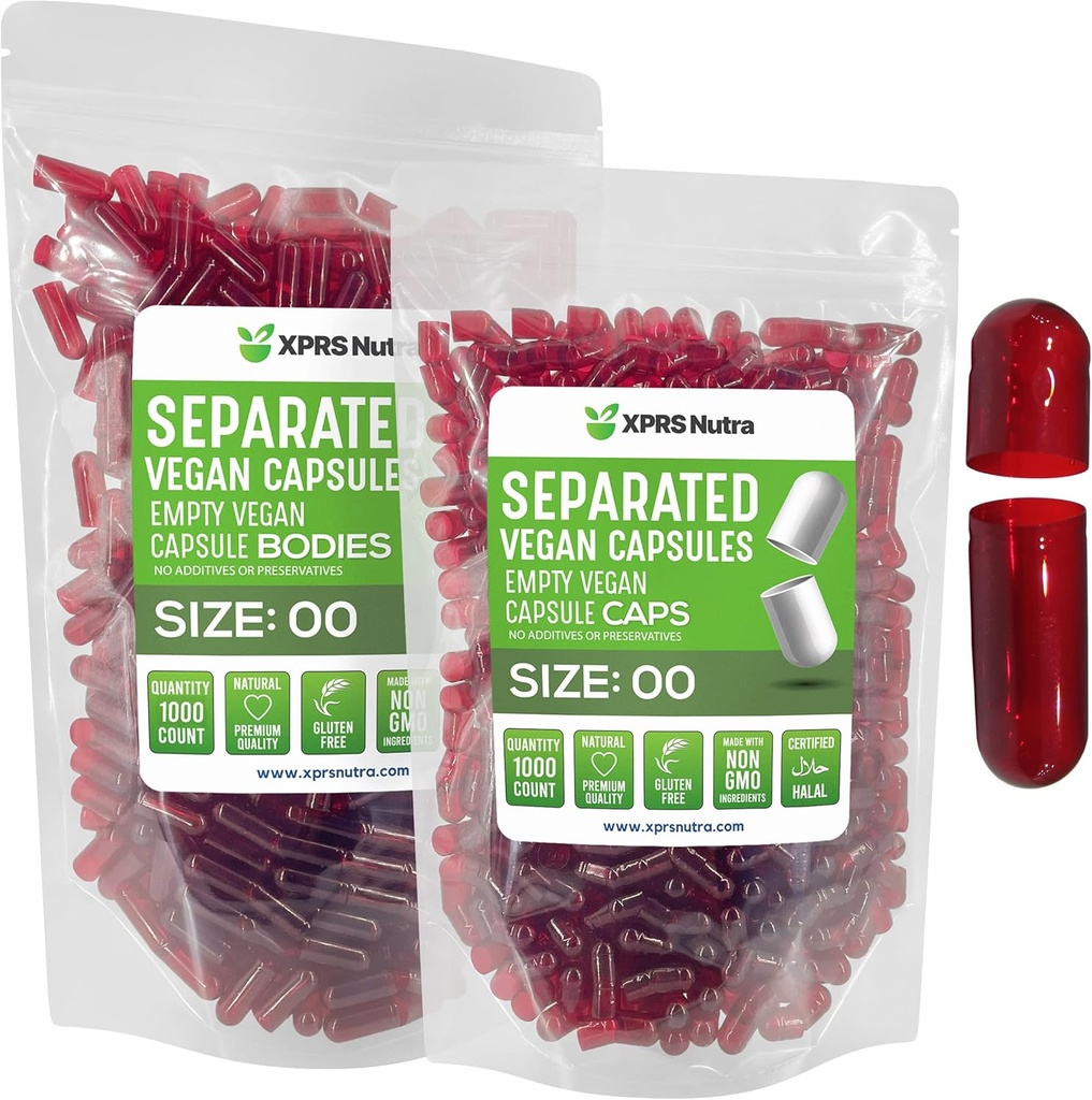XPRS Nutra Vegan Size 00 Separated Capsules - 1000 Count Premium Empty Capsules Separated in Bags - 00 Pills Empty for DIY Supplement Filling (Clear Red)