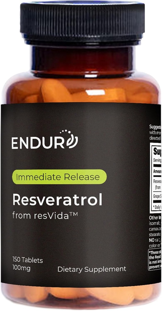 Endur Resveratrol, Sağlıklı Aging & Cardiovascular Destek Tamam, Anında Yayın Antioksi Grape Skin Ekstraksiyon, Gluten Free, 100 mg (150 Tablet)