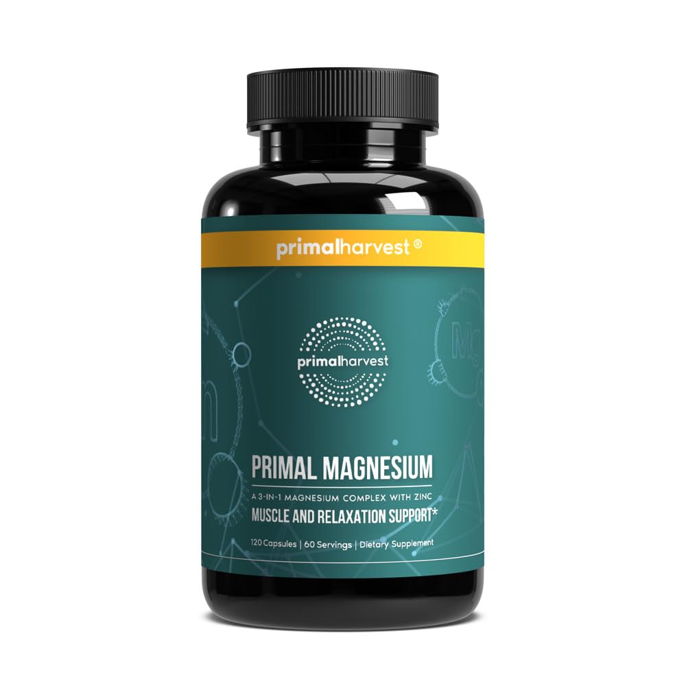 Magnezyum Supplement Kompleksi 310 mg Primal Harvest tarafından Magnezyum Glycinate, Citrate, Malate ve çinko 120 Capsules