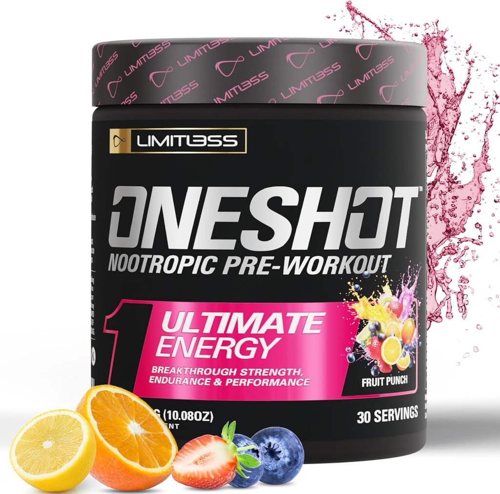 Oneshot Pre Workout Toz for Men and Women - BCAAS Amino Asits Supplement Toz, 200 mg Caffeine, Beta Alanine Toz, Citrulline Malate Preworkout Toz - Meyve Zü - 30 Hizmet