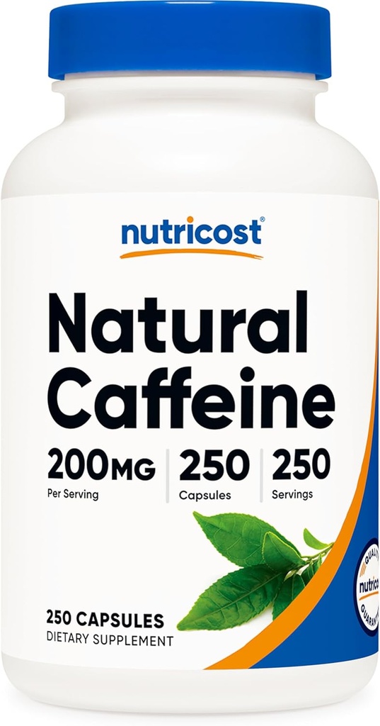 Nutricost Φυσική καφεΐνη 200mg, 250 κάψουλες χορτοφάγων - Χωρίς γλουτένη, μη ΓΤΟ