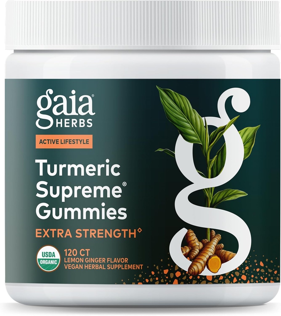Gaia Herbs Turmeric Supreme Extra Strength Gummies - Active Lifestyle - Lemon Ginger Flavor - 120 Vegan Organik Gummies (40-Day Supply)