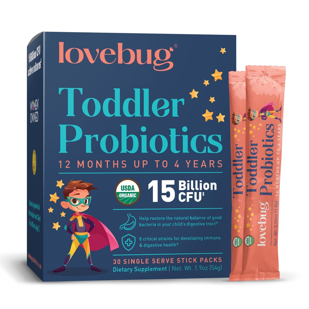 Lovebug Kids Probiyotik Toz Prebiyotik Fiber - Toddler Immunity Support & Constipation Relief - USDA Organic Probiyotiks for Childrens Gut & Digestive Health (Ages 1-4) - 30 Pack (Unflavoured)