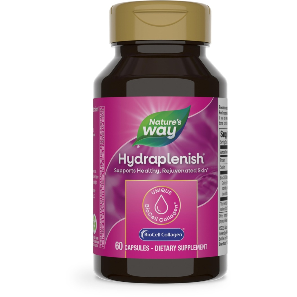 Nature's Way Hydraplenish with BioCell Collagen, Hyaluronic Acid, Support For Collagen Production, Elasticity & Health Skin*, 60 Capsules (Package May Vary)