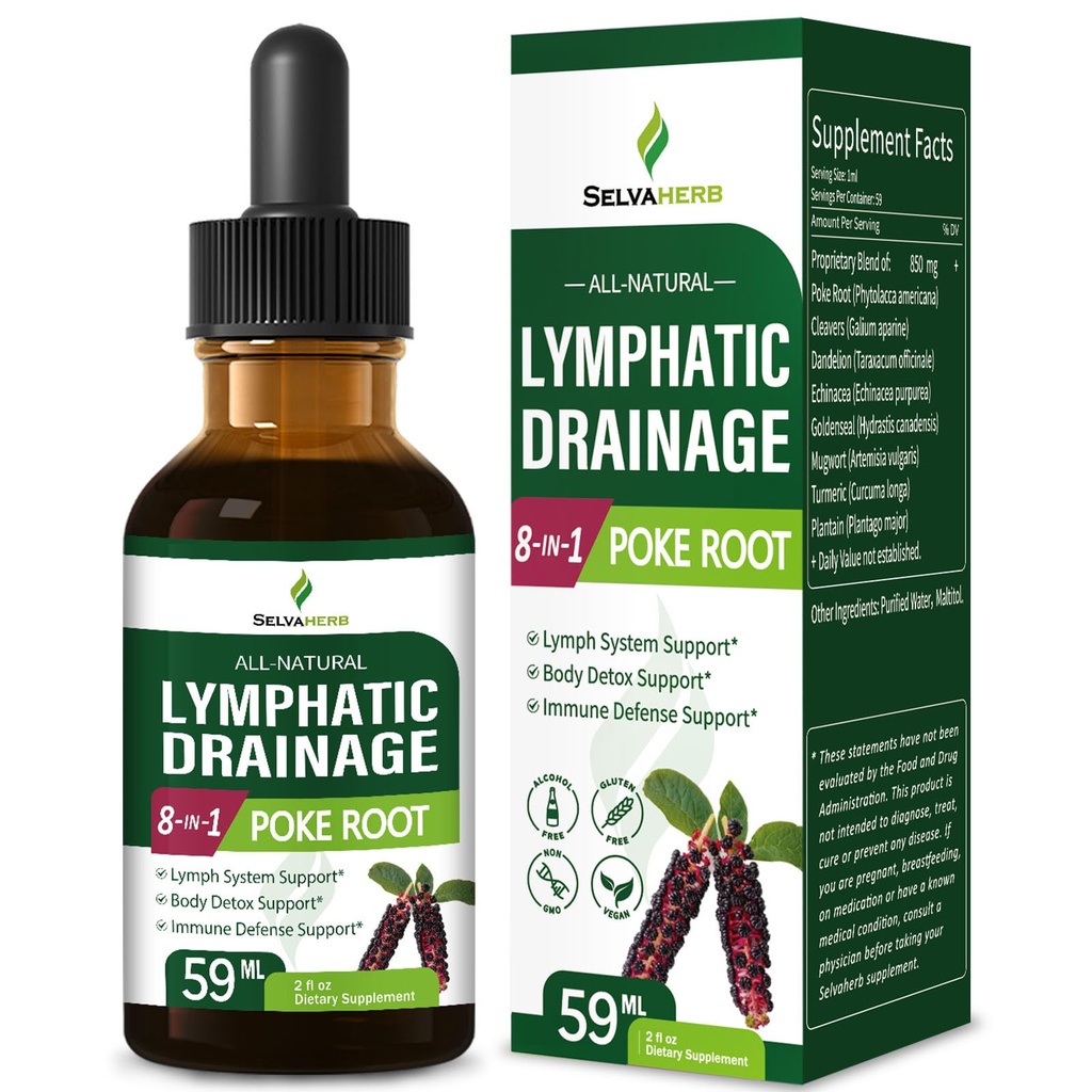 Poke Root Herb Lymphatiage Drops for Lymph System Support, 8-in-1 Herbal Formula Supplement Tincture for Body Detox & Immune Support w/Cearrs Echinacea Extract.