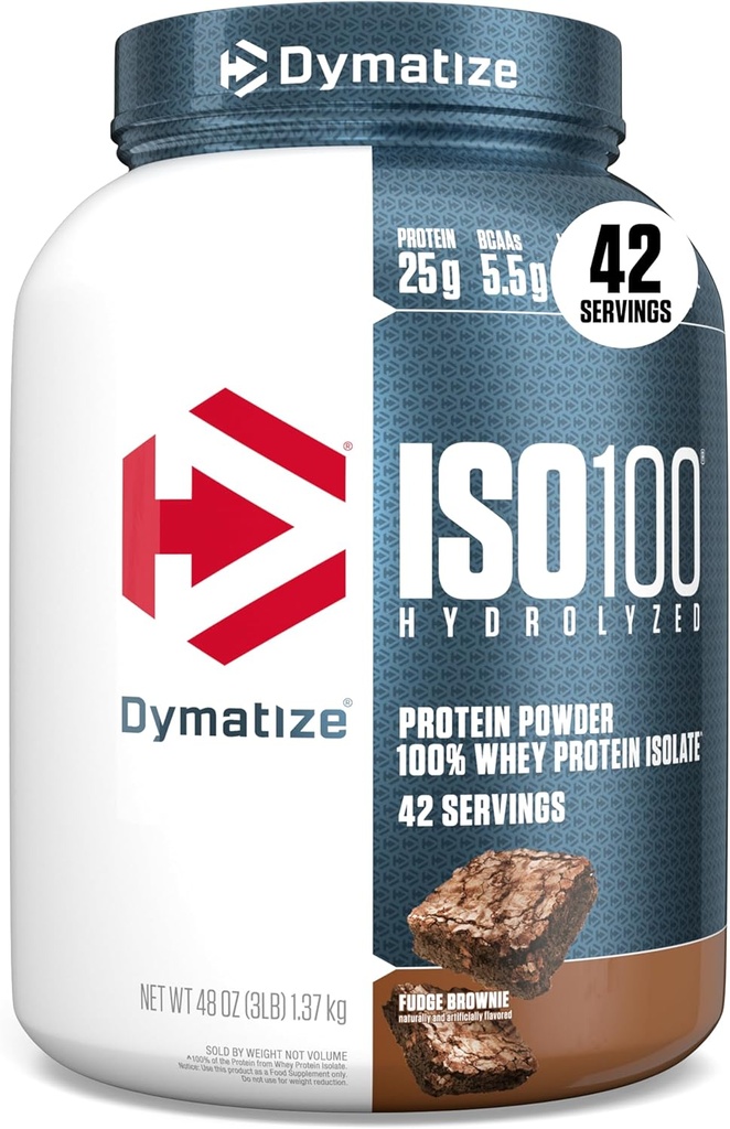 Dymatize ISO100 Whey Protein Powder Isolate, Fudge Brownie, 25g πρωτεΐνης, 3 Λίρες, 5.5g BCAAs, λιγότερο από 120 Cal., Χωρίς γλουτένη, 1g λίπος, 1g ζάχαρη, 2g υδατάνθρακες (42 Servings)