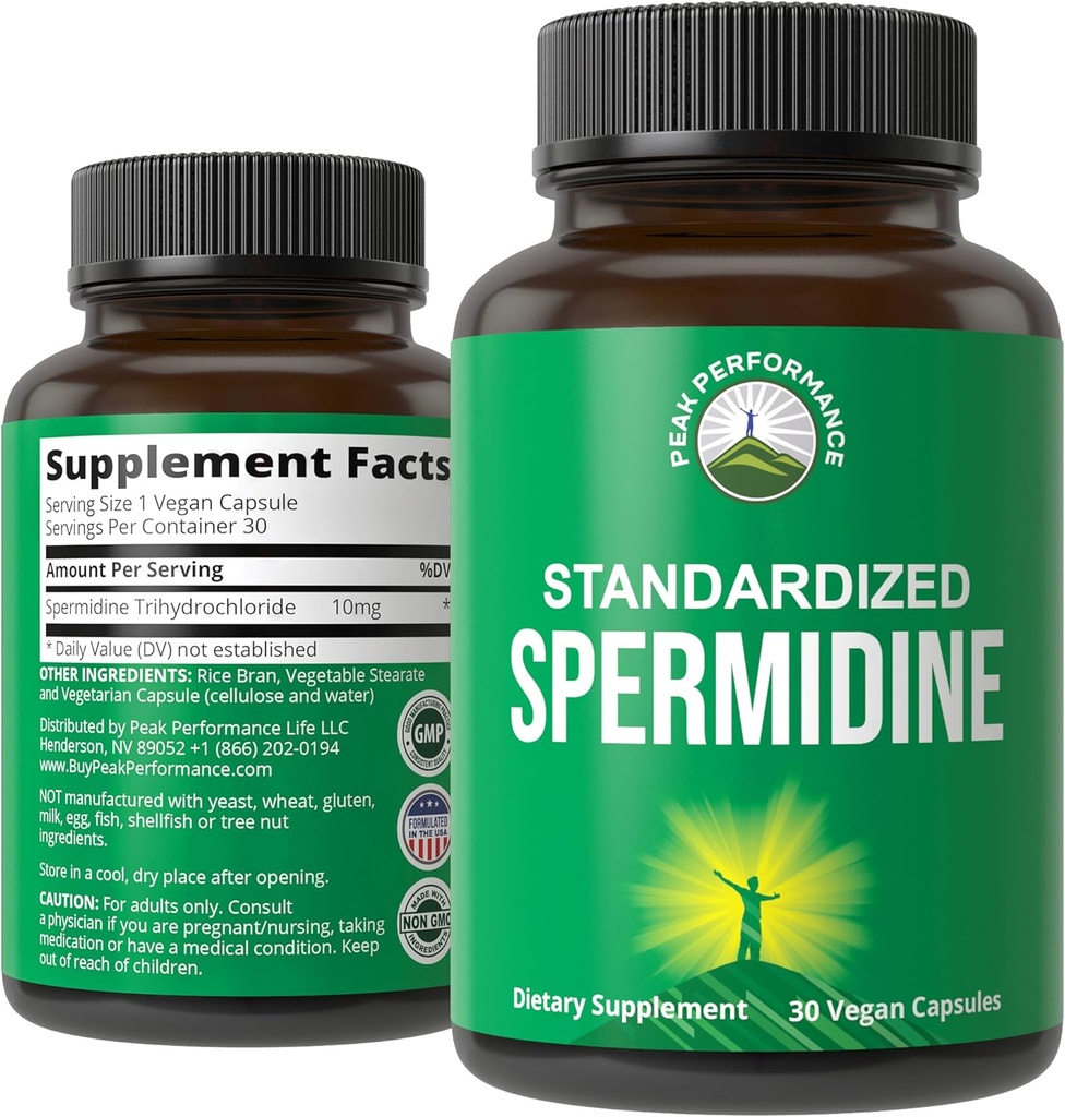 Συμπλήρωμα σπερμιδίνης Ultra High Strength Standardized to 99% Spermidine Trihydrochloride. Πιο ισχυρό από το εκχύλισμα σιταριού. Κάψουλες Vegan για υγιή γήρανση, μακροζωία. Ελεγμένα συμπληρώματα ΗΠΑ