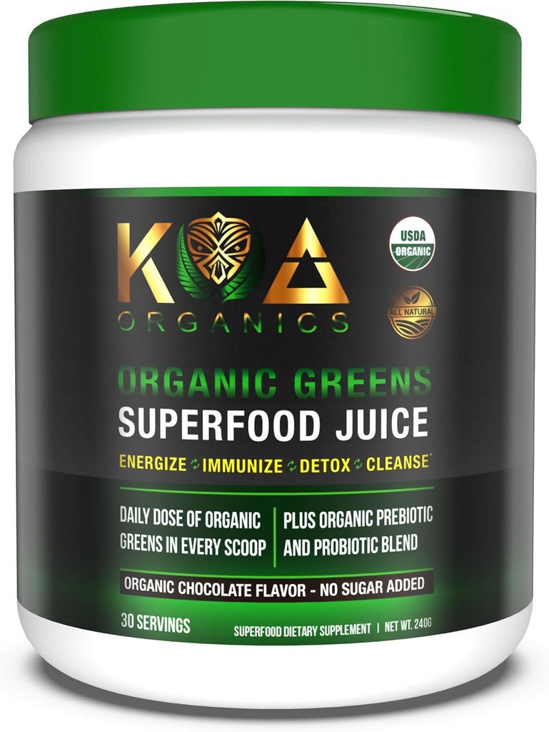 Greens Superfood Juice Toz - USDA Organik Super Greens Toz Spirulina, Chlorella, Matcha, Buğday Grass, Digestive Enzymes & Probiyotiks - Chocolate Flavor -30 Serv
