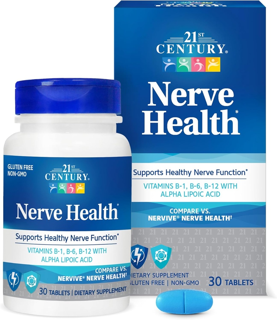 21. Yüzyıl Nerve Health Tabletleri (30 Kont), Alfa Lipoic Acid 300 mg, B1, B6, & B12 Vitaminleri Nerve Function Support, Antioksi ALA Supplement, Gluten Free. Non-GMO, & Vegan