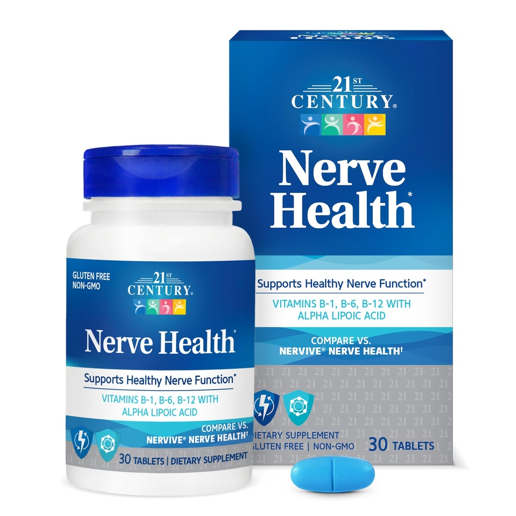 21st Century Nerve Health Tablets (30 Count), Alpha Lipoic Acid 300mg, B1, B6, & B12 Βιταμίνες για υποστήριξη λειτουργίας Nerve, συμπλήρωμα ALA αντιοξειδωτικών, χωρίς γλουτένη.
