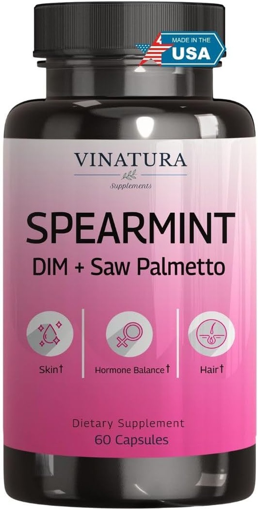VINATURA Spearmint Leaf Capsules Supplement - DIM & Saw Palmetto ile Geliştirildi, Unwanted Hair, Women' Health & Skin *USA Made & Tested* - 1380 mg/serving, 60 Capsules (30 hizmet)