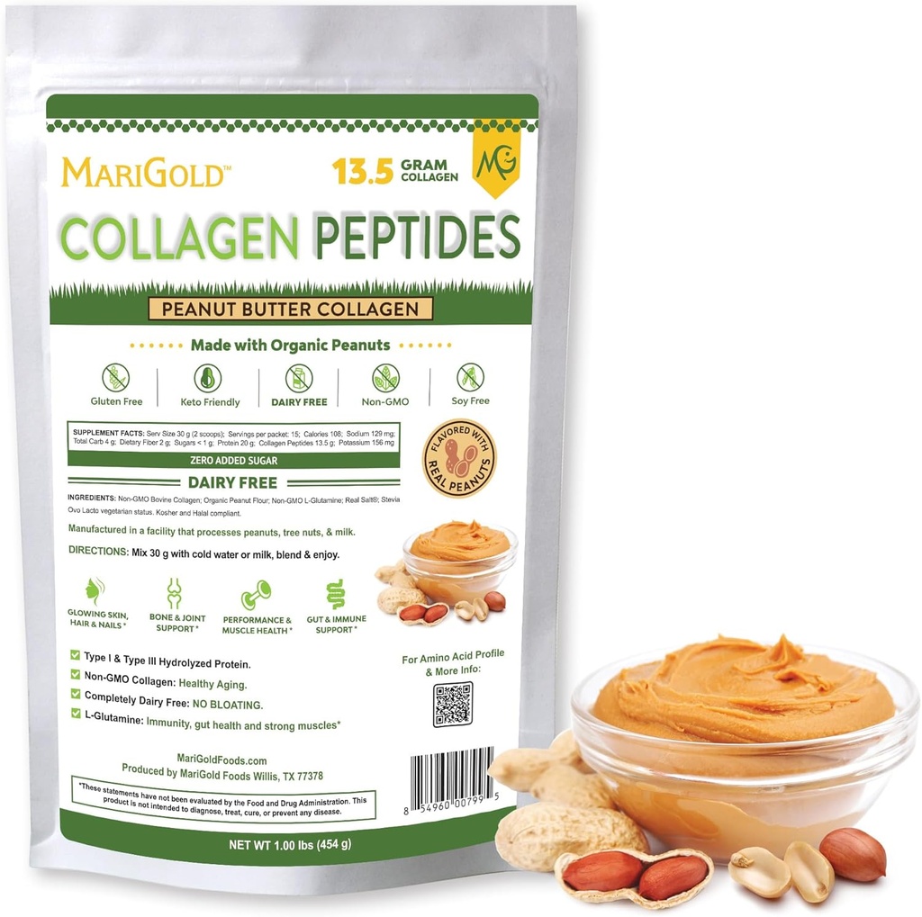 MariGold Grass-fed Collagen Powder Toz Peanut Butter 1LB - 100% Saf, Tip I & III Bovine Hydrolyzed Collagen, Non-GMO, Hormon Free, Soy Free, Gluten Free, Dairy Free, Chem-Friendly