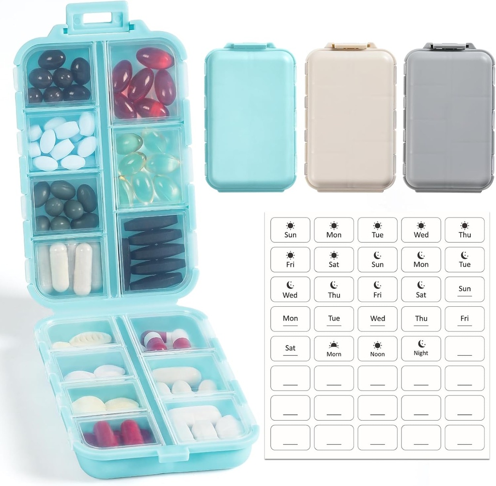 3 Pack, 14 GRIDS Seyahat Pill Organizer Box ile Etiketler - Travel Medicine Case Kit - Pocket Daily Eczane Konteyner - Balık Yağ Vitamini Ek Depolama için Seyahat İlaçları