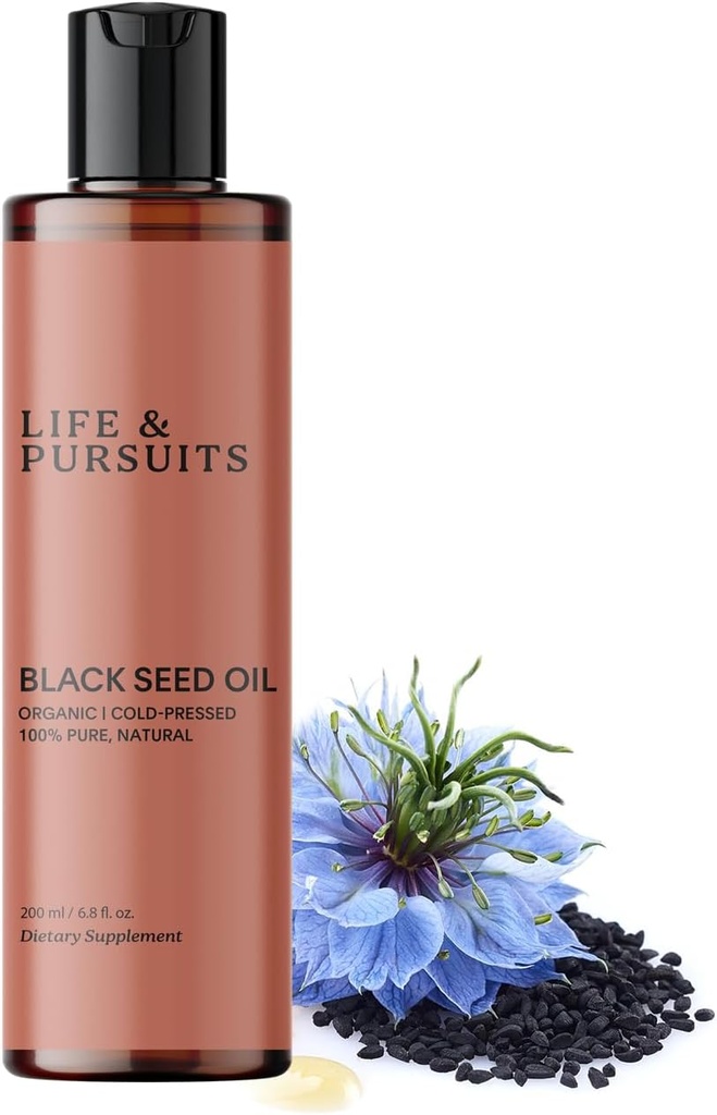 Life & Pursuits Organic Black Seed Oil (Kalonji) -% 100 Pure, Natural, Cold Pressed | Natural Source of Thymoquinone & Omega 3 6 9 | Antioksi for Immune Support, Hair & Skin (6.8 Fl Oz)