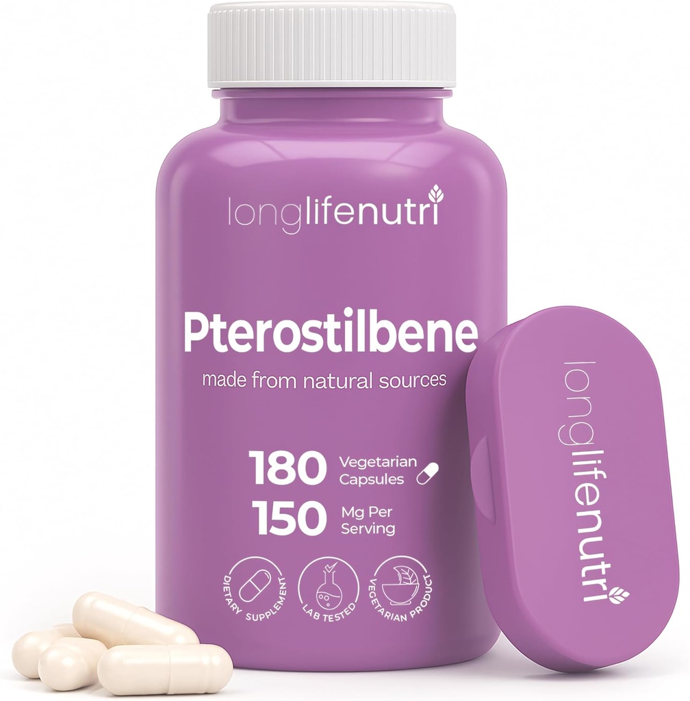 Pterostilbene Supplement 150 mg, Elevate Cellular Energy, 180 Vegan Capsules, 3 Ay Supply, Pure Organic Pterostilbene Extract, Made in USA, Non GMO, Clean Label, Easy Swallow Antioxy Support