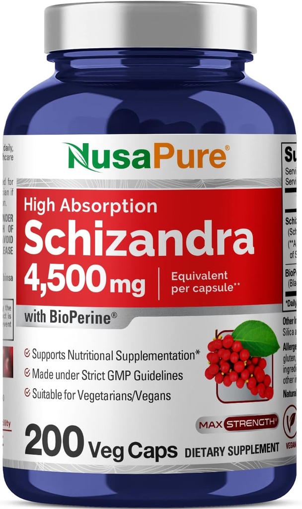 NusaPure Schizandrages 20:1 Ekstraksiyon, 225 mg 4500 mg Eşdeğer, 200 Vegan Capsules (Non-GMO, Bioperine)