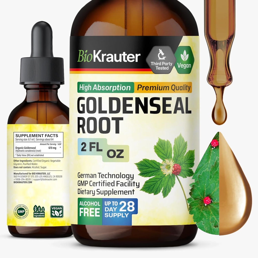 BIO KRAUTER Goldenseal Root Extract Liquid - Vegan αναπνευστική υποστήριξη - Χρυσές σταγόνες φώκιας - Αλκοόλ & Ζάχαρη Δωρεάν - 2 Fl.Oz.