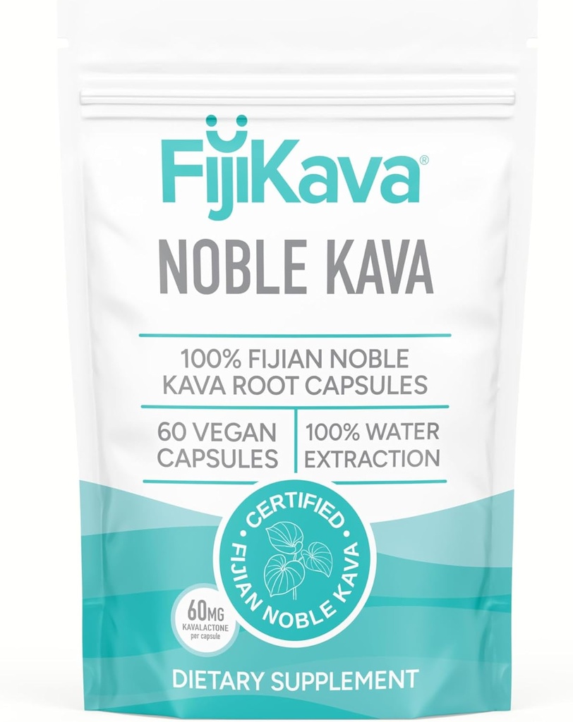 FijiKava Noble Kava Capsules, 600 mg Kavalactones Per Service, Natural Relaxation & Sleep Support Supplement, Vegan & Non-GMO, 60-Count, Premium Piper Methysticum Extract for Calm & Stress Relief