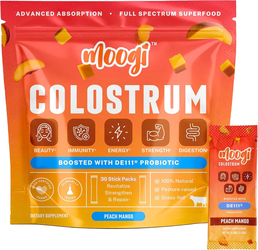 MoogiTM Premium Colostrum Toz, DE111® Probiyotik | Peach, 30 Stick Pack | Bovine Colostrum Toz for Women & Men | Grass Fed Colostrum Supplement for Gut Health, Immunity, Skin & Hair,
