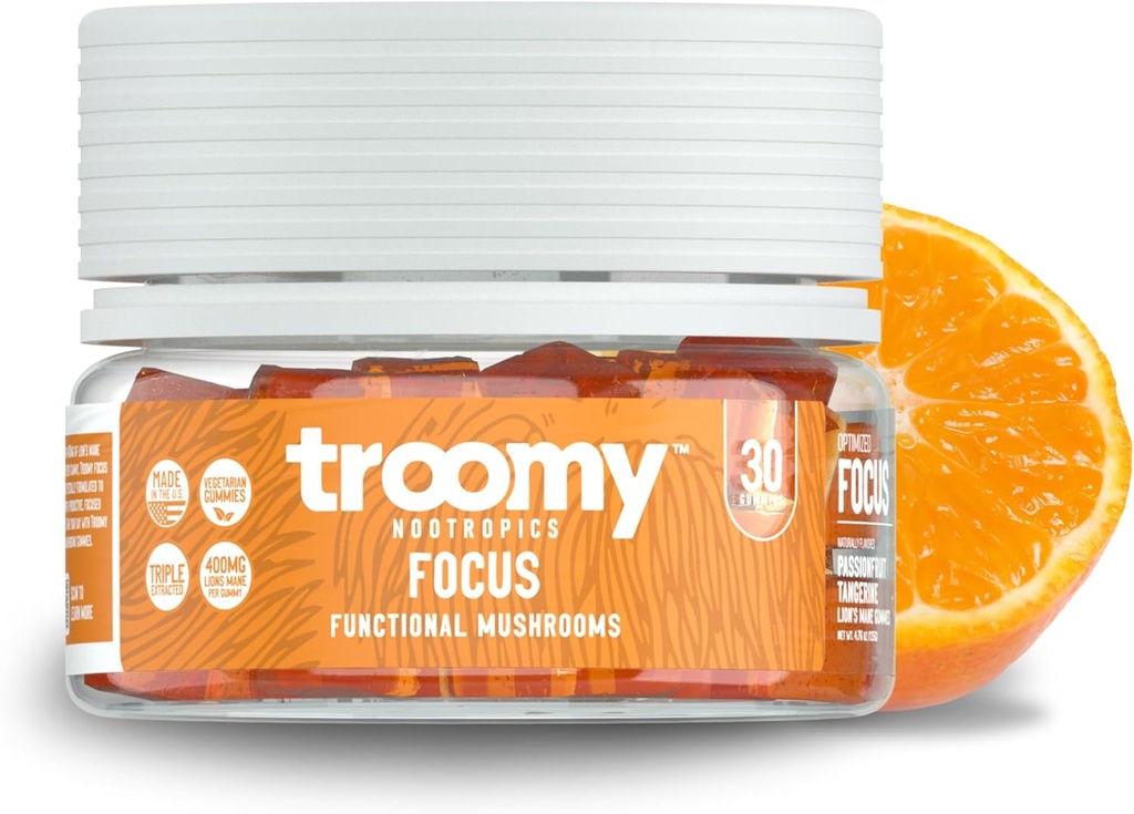 Troomy Lion's Mane Focus Gummies 30 Count - Natural Tangerine and Passionfur Flavor, Gelatin-Free, Gluten-Free, Vegetarian