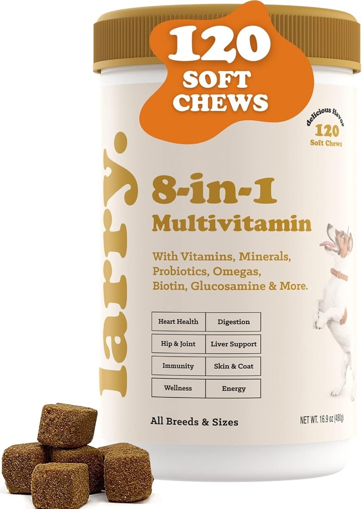 8-in-1 Multivitamin Dog Supplement Tarafından Larry | Heart, Digestion, Liver, Skin, Coat, & Common Support Supplement for Dogs | Vitamins, Minerals, Omegas, & Glucosamine Chondroit