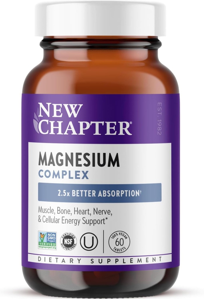 Νέο κεφάλαιο Magnesium Complex Συμπλήρωμα, 325mg με Μαγνήσιο Γλυκινικό + Θάλασσα-Πηγή + Ζυμωμένες Μορφές για την καρδιά, τα οστά, τα νεύρα, τους μυς & κύτταρα ενέργειας, 100% Vegan, 60 δισκία