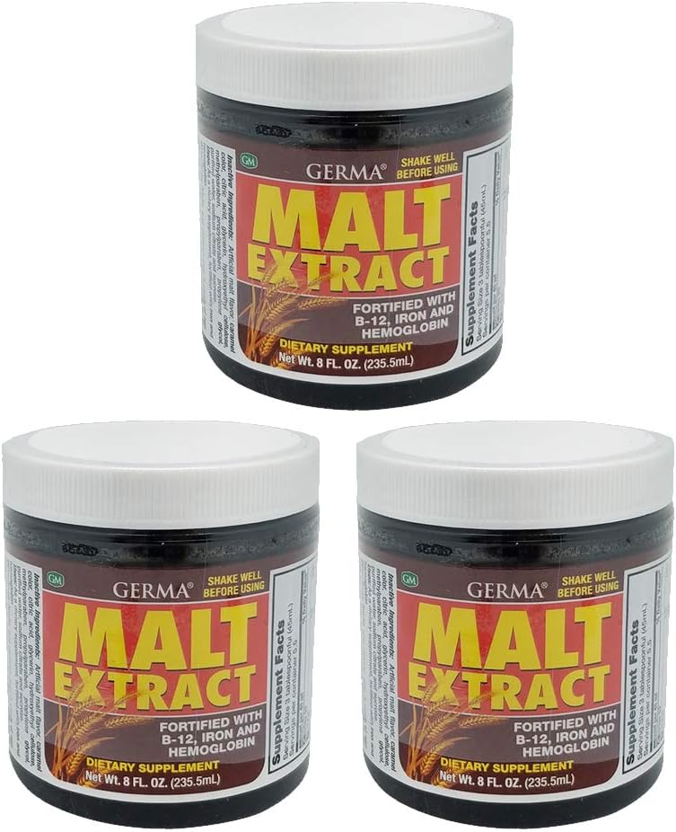 Germa Malt Extract (στα Αγγλικά). Συμπλήρωμα διατροφής. Ενισχυμένη με βιταμίνη Β12, σίδηρο και αιμοσφαιρίνη. Υψηλή σε Αντιοξειδωτικά. 8 fl.oz. Πακέτο των 3.