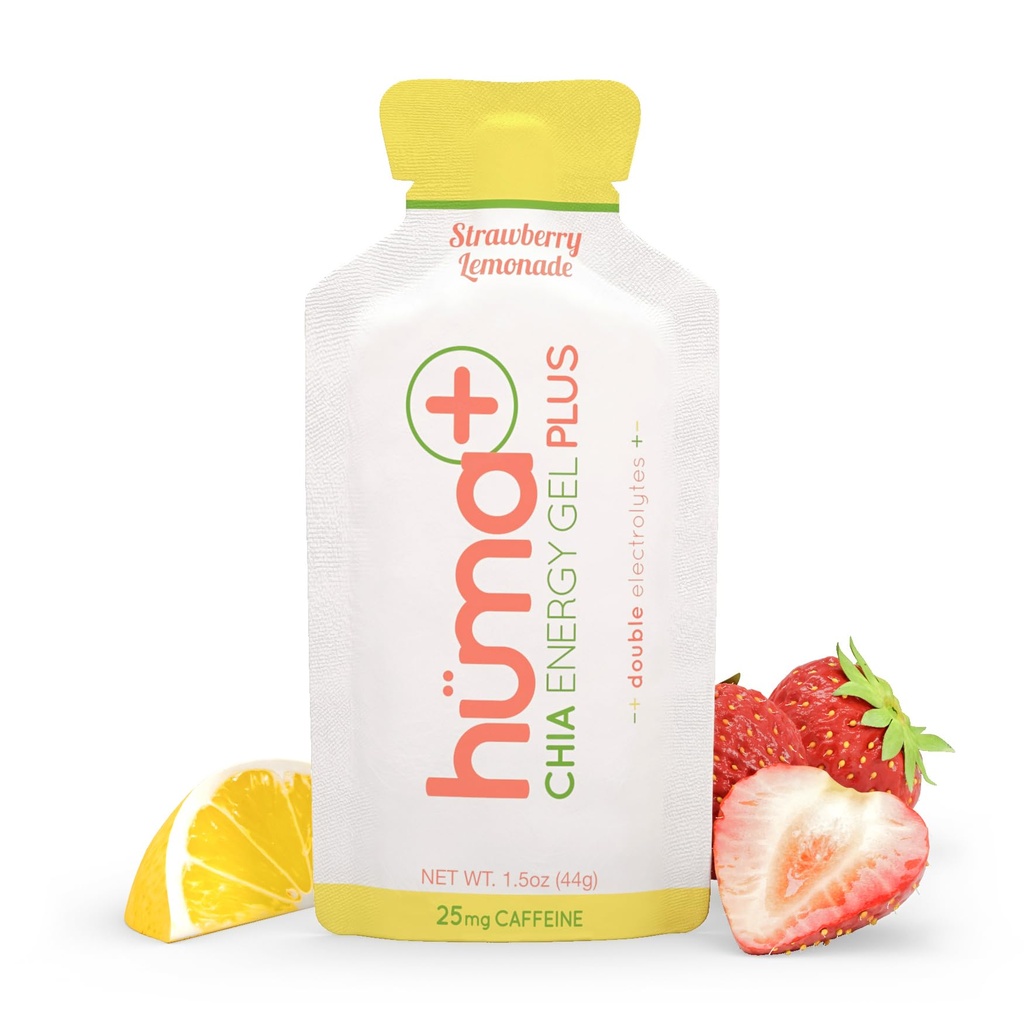 Huma Plus (Çift Elektrolytes) - Chia Energy Gel, Strawberry Lemonade, 12 Gels, 25 mg Caffeine - Stomach Friendly, Real Food Energy Gels)