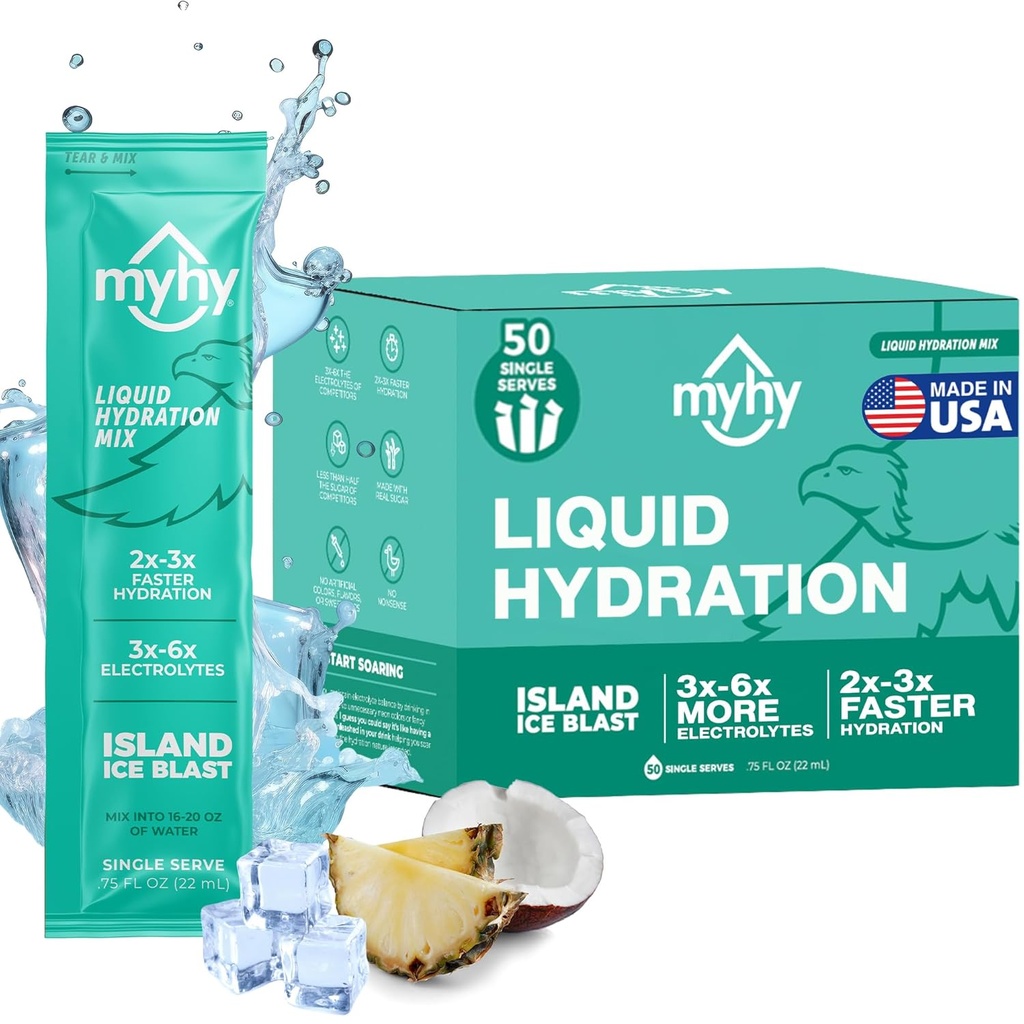 MyHy Liquid Hydration Packets, Electrolyte Drink Mix for Adults & Kids Hydration Support, Ahydration Relief for Travel, Εγκυμοσύνη, Fitness, Bachelor & Bachelorette Party – Island Ice, 50 Count