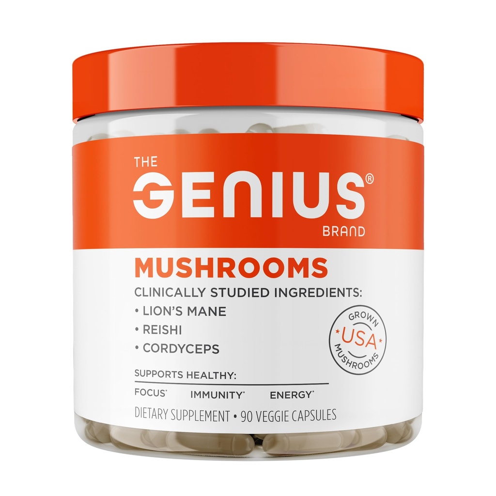 The Genius Brand Genius Mushrooms - Plant-based Supplement for Immune, Focus & Energy Support - Lion's Mane, Cordyceps & Reishi - Organic & Non-GMO - 90 Κάψουλες Veggie