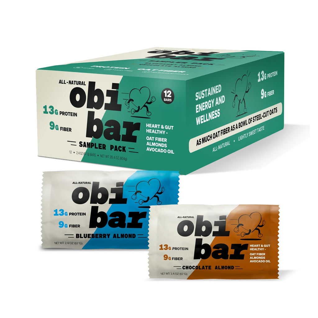 Obi Bar Örnekr - Protein ve Oat Fiber Bar | Tüm Doğal | Sustained Enerji | Işıklı Tatlı Tadı | 6 Al Çikolata ve 6 Blueberry Almond | AVOCADO OIL | Yumurta Beyaz Protein | Soy Ücretsiz Süt, Ücretsiz, No Sugar, No Tohum Yağları | 2.4oz, 12 Pack