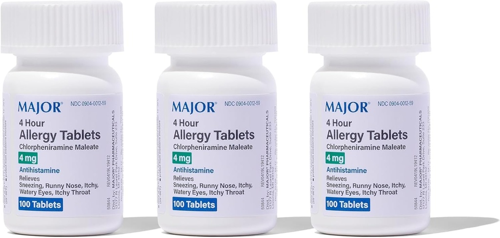 MAJOR 4 Mg Alerji Tabletleri - Chlorpheniramine Erkek 4 Saat Antihistamin Sneezing, Itchy Watery Eyes, Itchy Throat ve Runny Nose - 100 Count (3 Paket)