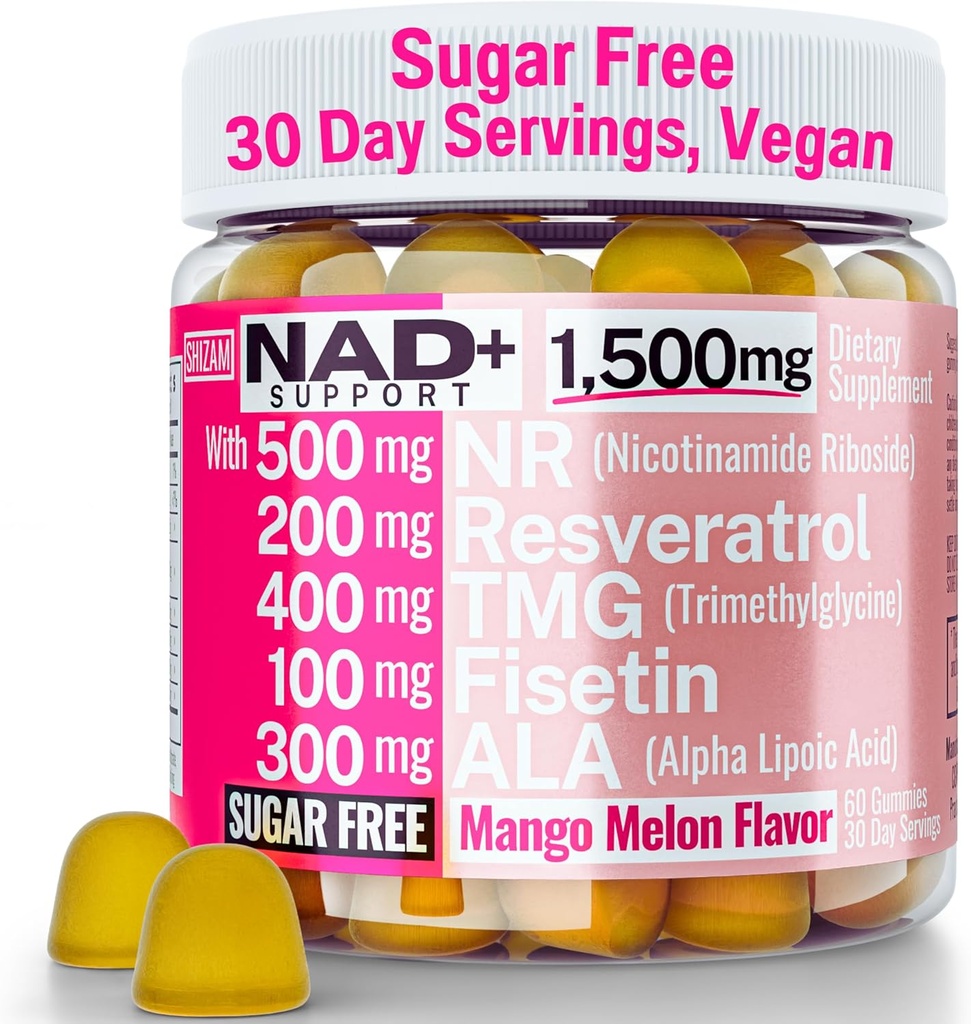 1500 mg NAD+ Sugar Free Gummies | NAD + Plus NR TMG ALA Trans-Resveratrol Fisetin Supplements | Nicotinamid Riboside Tri Metilglycine Alfa Lipoic Acid Betaine Pills Capsules Tincture Supplement Alt