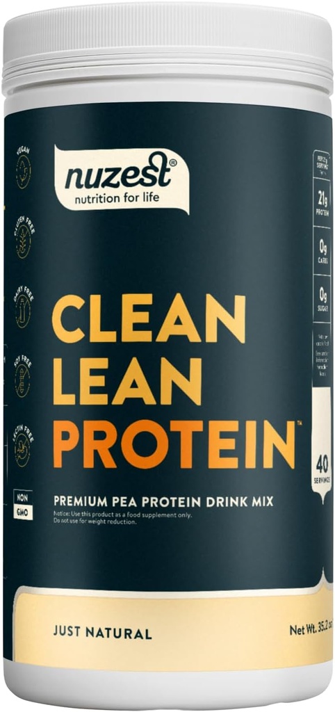 Nuzest - Pea Protein Toz - Temiz Lean protein, Premium Vegan Plant Temel Protein Toz, Süt Ücretsiz, Gluten Free, GMO Free, Protein Shake, Just Natural (UNFLAREDVO), 40 Hizmet, 2.2 lb