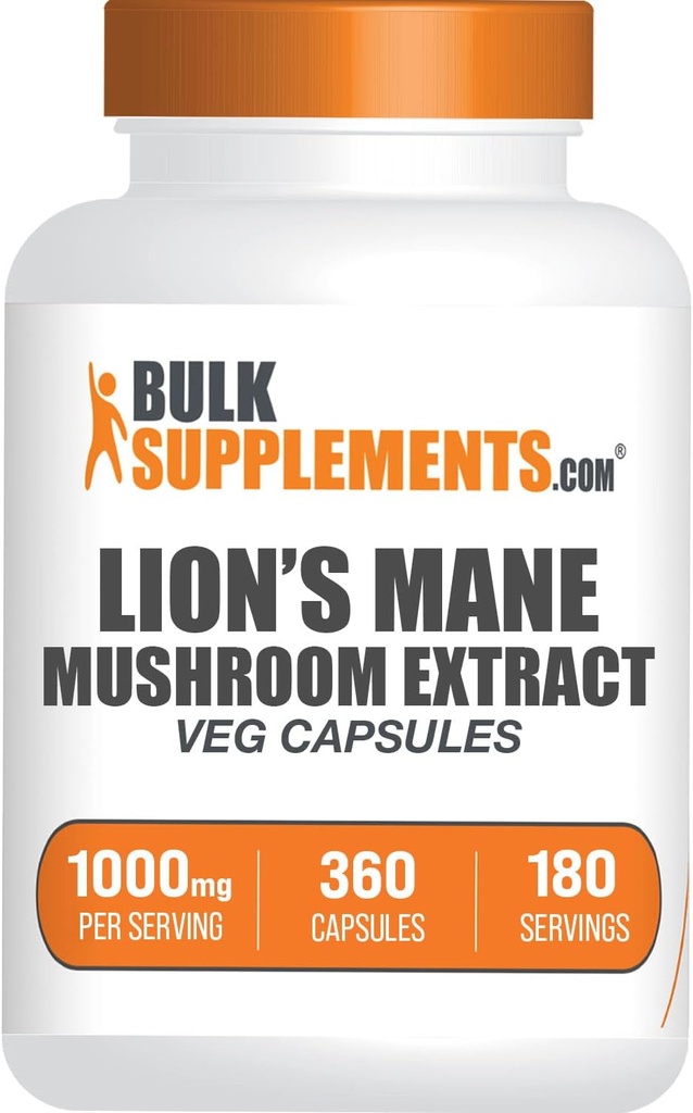 BulkSupplements.com Lion's Mane Mushroom Extract Capsules - Mushroom Supplement, Brain Supplement for Memory and Focus Support - Vegan, 2 Capsules (1000 mg), 360 Capsules (Pack of 1)