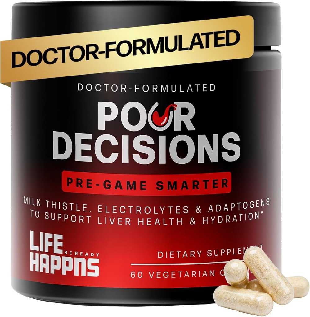 Life Happns Pour Decisions Liver Health Supplement with Milk Thistle, Vitamin B6, Electrolytes - Supports Hydration and Recovery, 60 Capsules