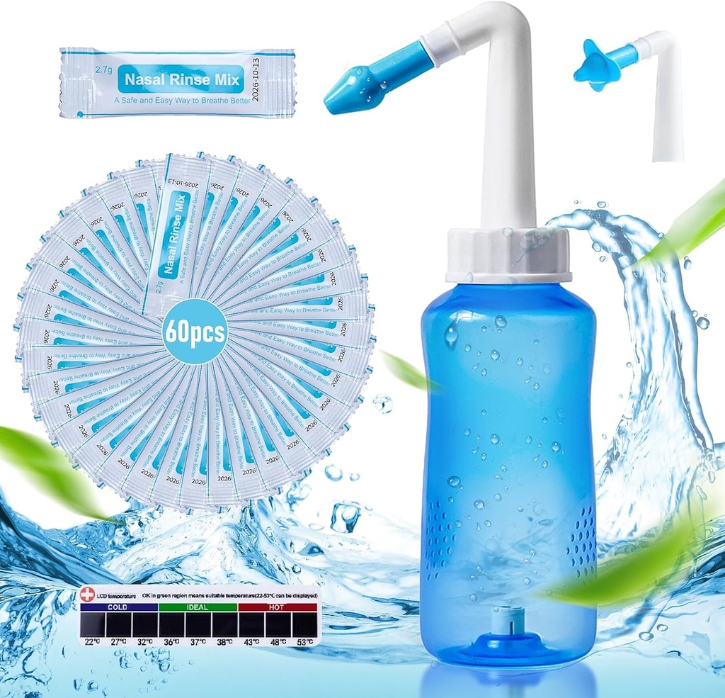 Neti Pot Sinus Ξεπλένουμε το μπουκάλι Μύτης Καθαριστικότερη Πίεση Ξεπλένουμε Ρινική Άρδευση με 60 Nasινικό Πλύσιμο Αλουμίνιο Πακέτα & 300 ML Νετί Μπουκάλι Refill Kit Ιδέα και Θερμόμετρο Sticker για Ενηλίκων & Κιντ (μπλε)