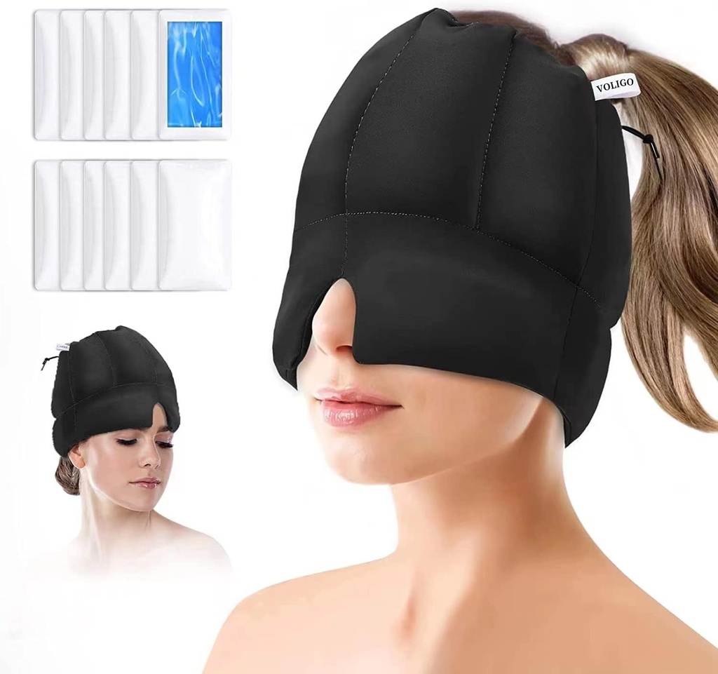 Migraine Ice Head Pack - Headache Relief Cap with Cold Compress, Soğutma Gel Sinus Relief, Face Cold Compress Head Cover for Ger, Stress and Hangover Relief (Black)